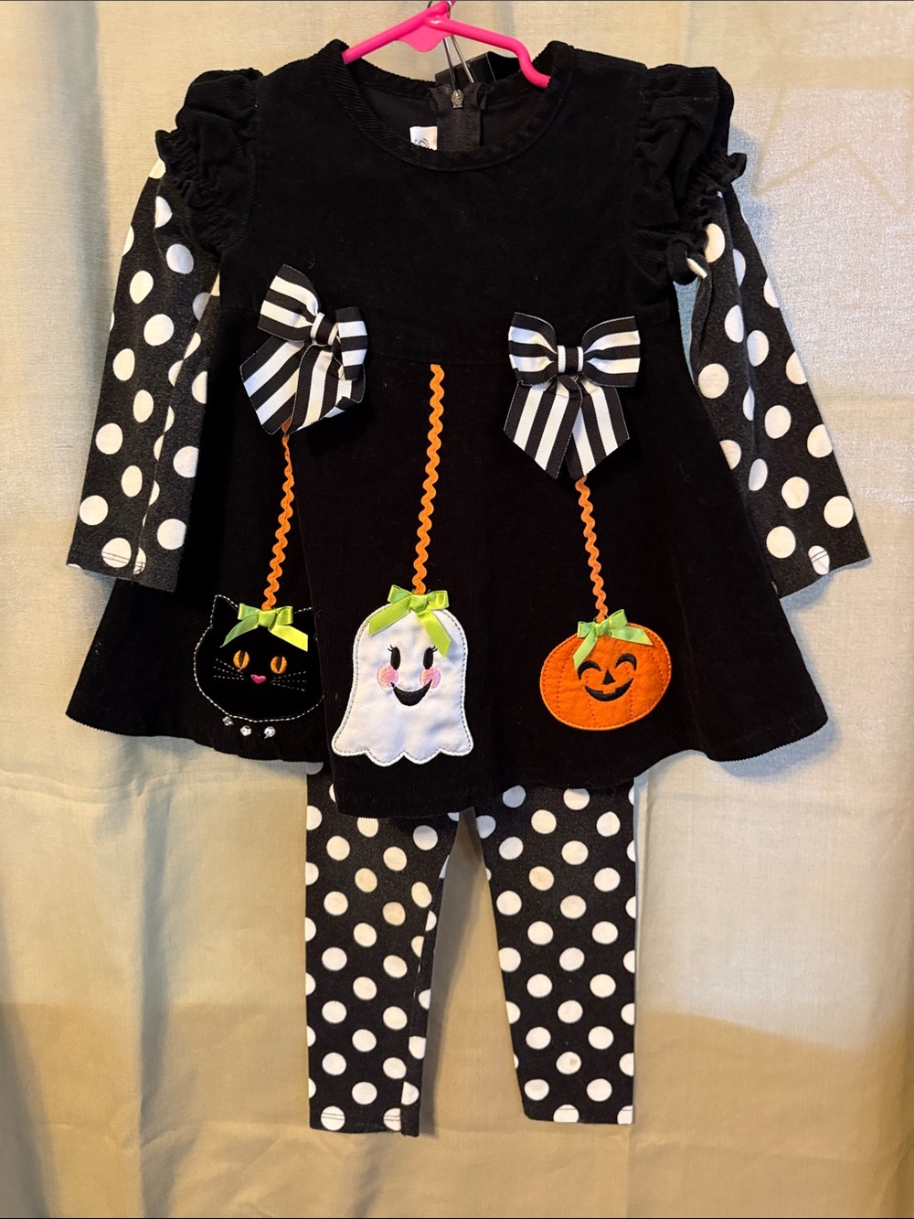 Girls Halloween Dress & Legging Set - Black Corduroy & Polka Dot with appliqués